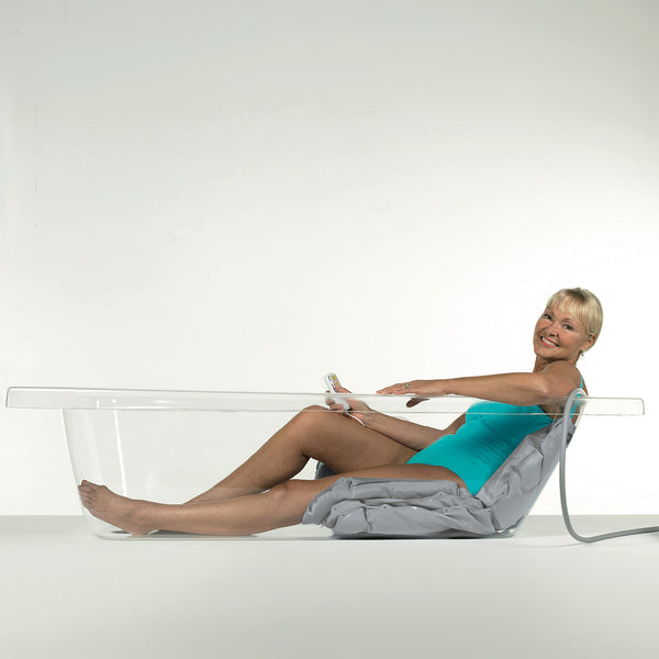 person in clear bath using bath lift. Demo when in use