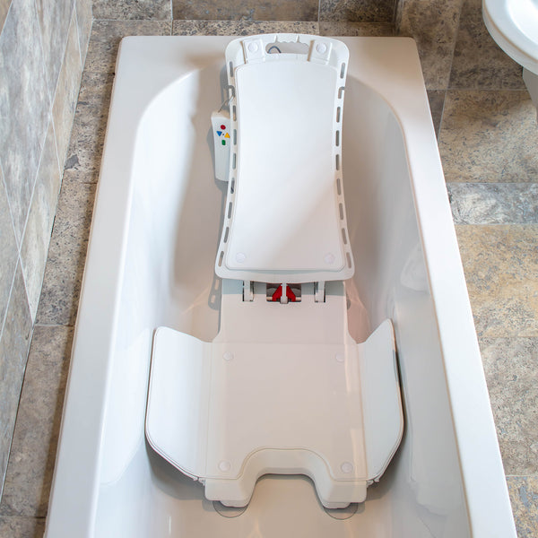 Drive Bellavita NOVA Bathlift with waterproof handset and removable backrest in a bathtub, side view.