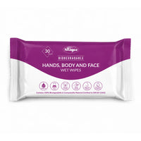 Nilaqua Biodegradable Hand, Body and Face Wet Wipes pack of 30 for personal hygiene, front view.