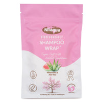 Nilaqua Biodegradable Shampoo Wrap pouch with antibacterial label, icons of watermelon, aloe, and bamboo, front view.