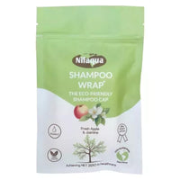 Nilaqua Biodegradable Shampoo Wrap pouch, apple and jasmine scent, for rinse-free hair washing, front view.