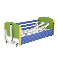 Drive Bradshaw Junior Low Bed with metal wheeled frame for paediatric care, side view.
