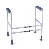 Aidapt Broadstairs Adjustable Toilet Frame with hand grips and rubber-tipped legs for support, front view.