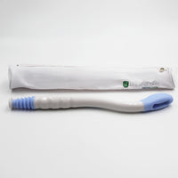 Buckingham Easywipe Toilet Tissue Aid long handle tool with tip next to a white zippered pouch, side view.