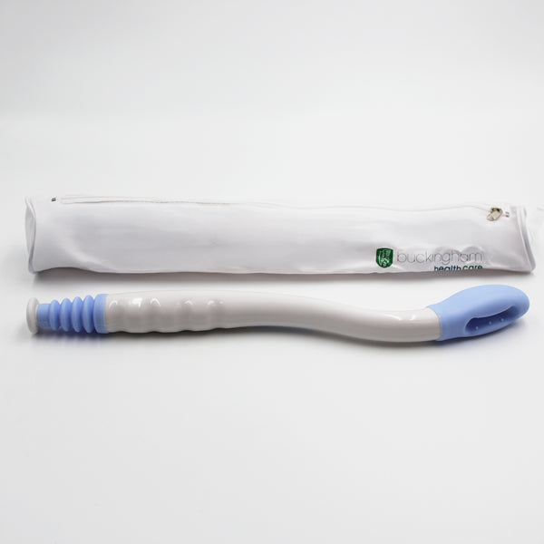 Buckingham Easywipe Toilet Tissue Aid long handle tool with tip next to a white zippered pouch, side view.