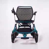 Wizemed C100 Carbon Fibre Folding Powerchair with mesh backrest and joystick control, front view.