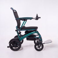 Wizemed C100 carbon fibre folding powerchair, lightweight with joystick, footrest and black seat; side view on white.