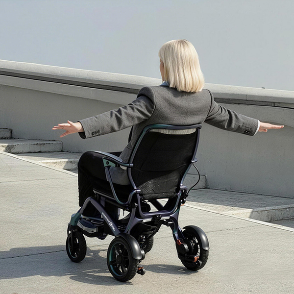 Person using Wizemed C100 Carbon Fibre Folding Powerchair wearing grey blazer and black trousers, arms outstretched, city in background, in use.