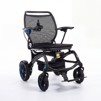 Wizemed C100 carbon fibre folding powerchair with mesh seat, joystick armrest and blue wheels, lightweight design, side view.