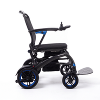 Wizemed C100 carbon fibre folding powerchair with joystick and footrest, side view on white background.