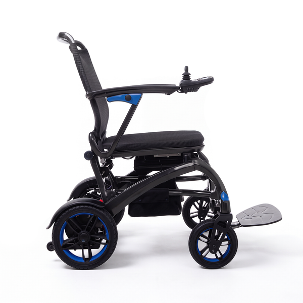 Wizemed C100 carbon fibre folding powerchair with joystick and footrest, side view on white background.
