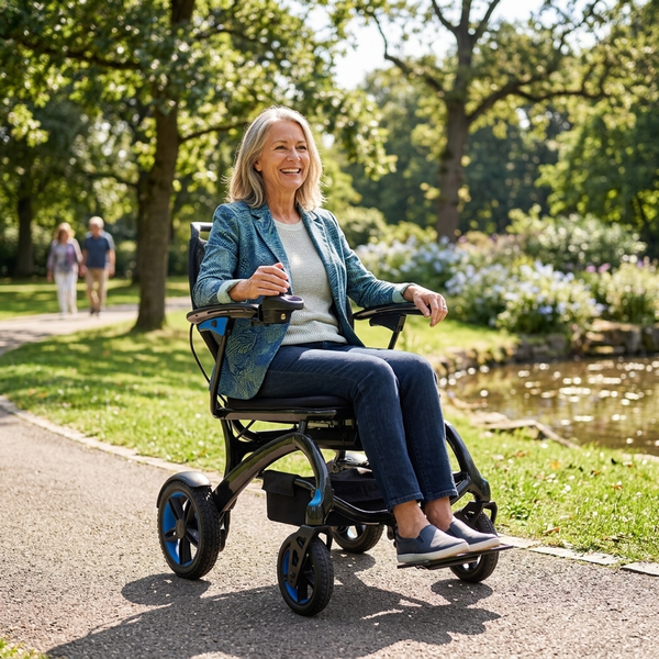 Woman using Wizemed C100 Carbon Fibre Folding Powerchair outdoors by a pond and greenery, in use view.