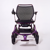 Wizemed C100 Carbon Fibre Folding Powerchair with mesh backrest and joystick control, front view.