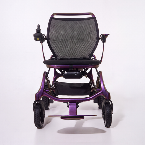 Wizemed C100 Carbon Fibre Folding Powerchair with mesh backrest and joystick control, front view.