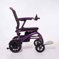 Wizemed C100 carbon fibre folding powerchair, lightweight with joystick control, black wheels and footrest, side view.