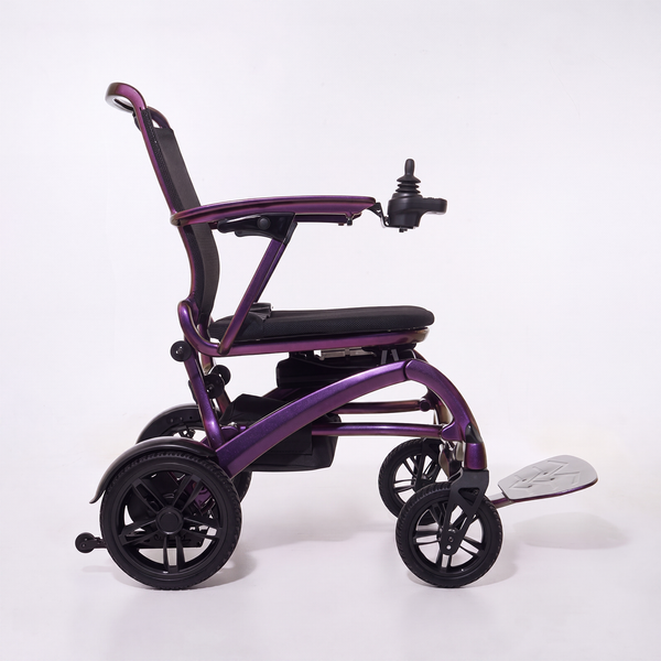 Wizemed C100 carbon fibre folding powerchair, lightweight with joystick control, black wheels and footrest, side view.