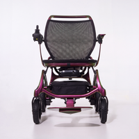 Wizemed C100 Carbon Fibre Folding Powerchair with mesh backrest and side joystick, front view.
