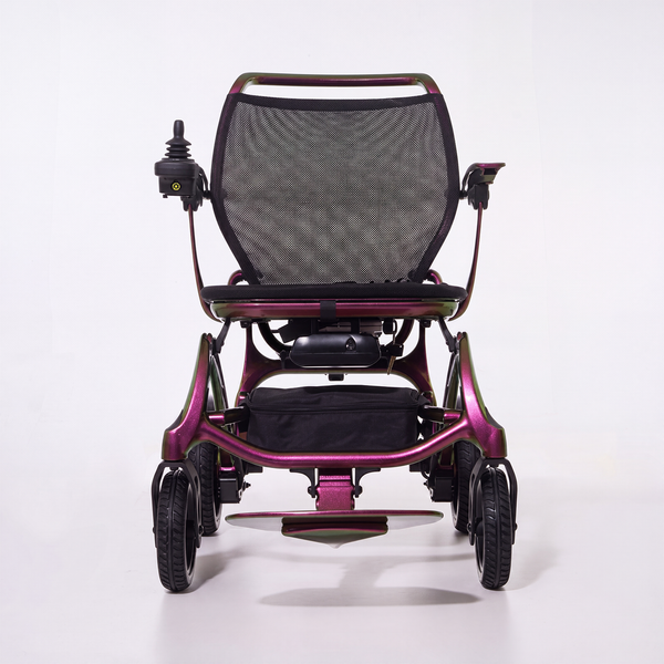 Wizemed C100 Carbon Fibre Folding Powerchair with mesh backrest and side joystick, front view.