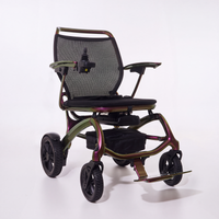 Wizemed C100 carbon fibre folding powerchair with mesh back, joystick control and large wheels on white background, side view.