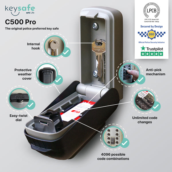 Supra C500 Pro key safe with an internal hook and easy-twist dial lock, showing code dials and lock housing, front view.