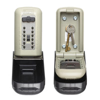 Two beige and black Supra C500 Pro key safes, one open to show interior storage, front view.