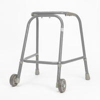 Trulife Childrens wheeled walking frame with two front wheels and height-adjustable legs, front view.
