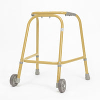 Trulife Childrens Wheeled Walking Frame with grey wheels and rubber grips, sturdy design for kids, front view.
