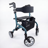 Urathon Cirrus+ 4 wheel rollator with padded seat, backrest, storage pouch, hand brakes and large wheels, side view.