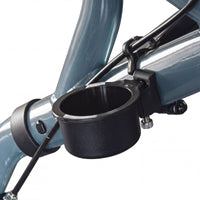 Black plastic cup holder attached to Urathon Cirrus+ Lightweight 4 Wheel Rollator frame with screw and clamp, close-up.
