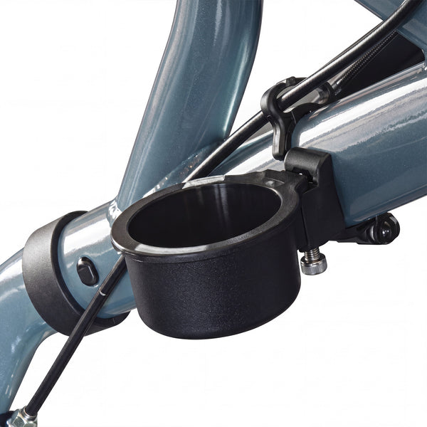 Black plastic cup holder attached to Urathon Cirrus+ Lightweight 4 Wheel Rollator frame with screw and clamp, close-up.