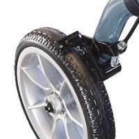 Close-up of tyre, metal frame and brake on Urathon Cirrus+ Lightweight 4 Wheel Rollator, detail view.