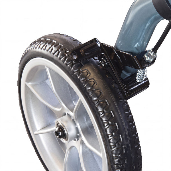 Close-up of tyre, metal frame and brake on Urathon Cirrus+ Lightweight 4 Wheel Rollator, detail view.