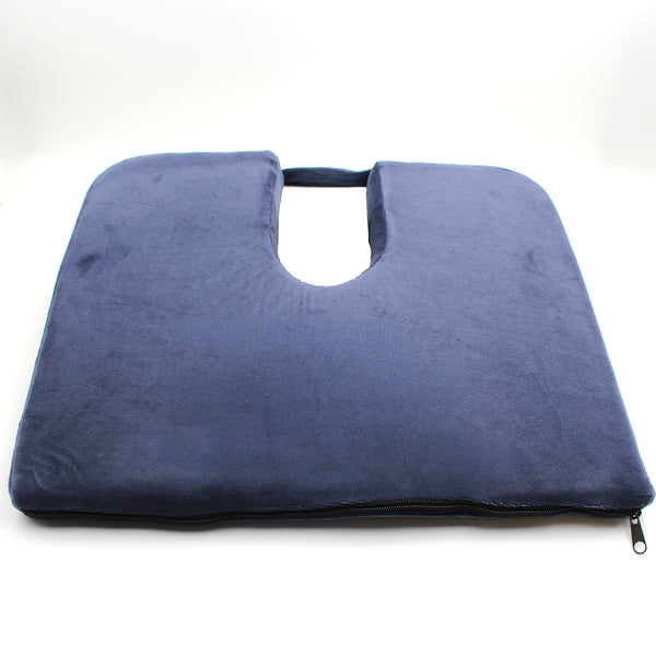 Drive Coccyx Cushion with U-shaped cutout and zipper for pressure relief on a white background, angled view.