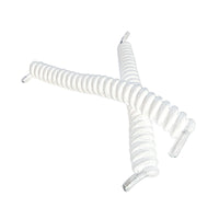 Pair of coiler shoe laces by Performance Health with clear plastic tips, crossed, white background, top view.