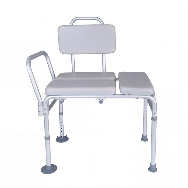 Transfer bath bench with padded seat and back, adjustable height, for easier access to tubs or showers, side view.
