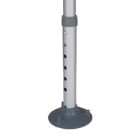 Adjustable leg with multiple holes and a wide rubber tip for stability on the Homecraft Comfy Transfer Bath Bench, close-up.
