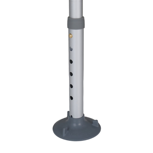 Adjustable leg with multiple holes and a wide rubber tip for stability on the Homecraft Comfy Transfer Bath Bench, close-up.
