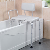 Homecraft Comfy Transfer Bath Bench with metal legs positioned over bathtub edge in tiled bathroom, side view.