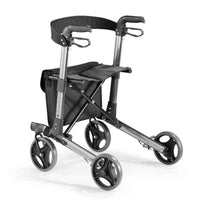 Lightweight foldable rollator walker with four wheels, seat, armrests and storage pouch, front view.