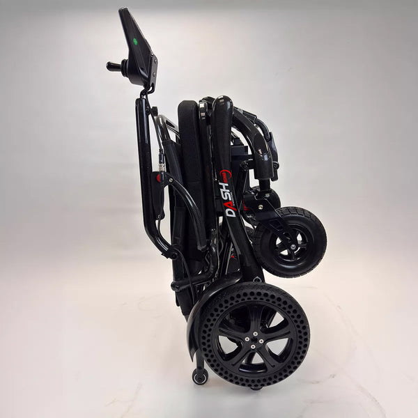 Dash Rehab Dash Carbon Max HD Power Chair with lightweight, compact frame and visible wheels, upright position, front angle.