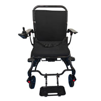 Dash Rehab Dash Carbon Max HD Power Chair with left-arm joystick and bottom footrest, front view.