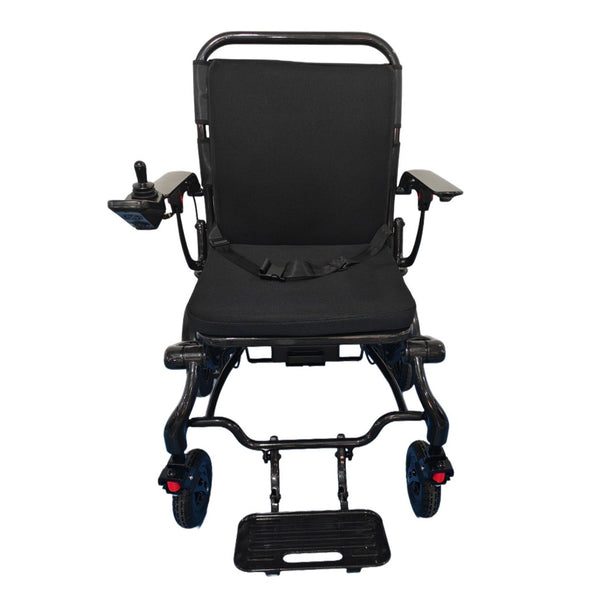 Dash Rehab Dash Carbon Max HD Power Chair with left-arm joystick and bottom footrest, front view.