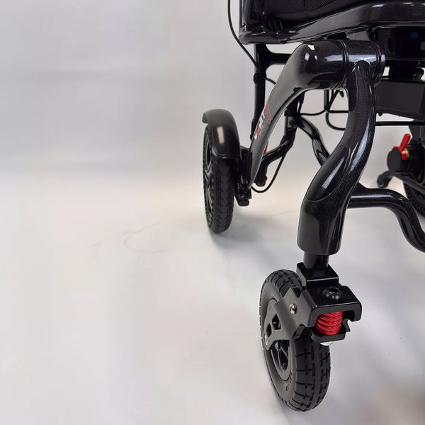 Dash Rehab Dash Carbon Max HD Power Chair front wheels and frame on plain background, close-up.
