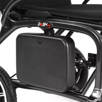 Battery pack attached to Dash Rehab Dash Carbon Pro Plus Powerchair lightweight frame, close-up.