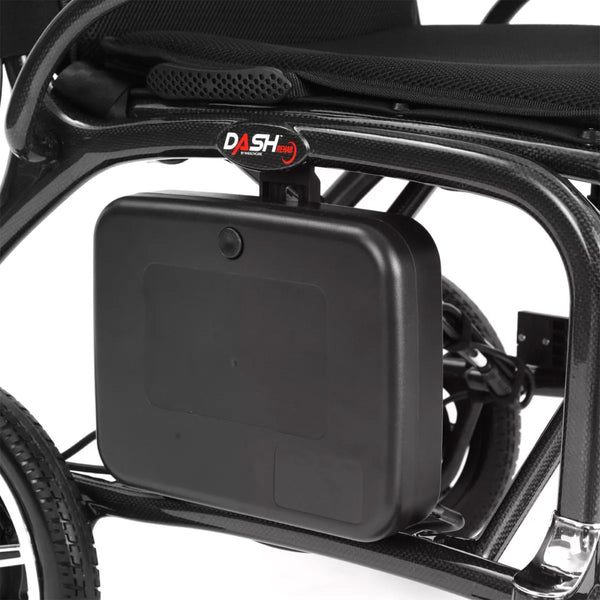 Battery pack attached to Dash Rehab Dash Carbon Pro Plus Powerchair lightweight frame, close-up.