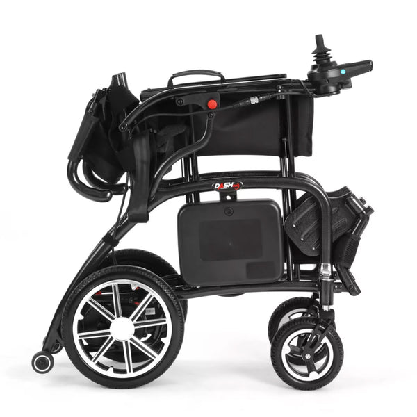 Dash Rehab Dash Carbon Pro Plus Powerchair with wheels, joystick and sturdy frame on white background, front angle.