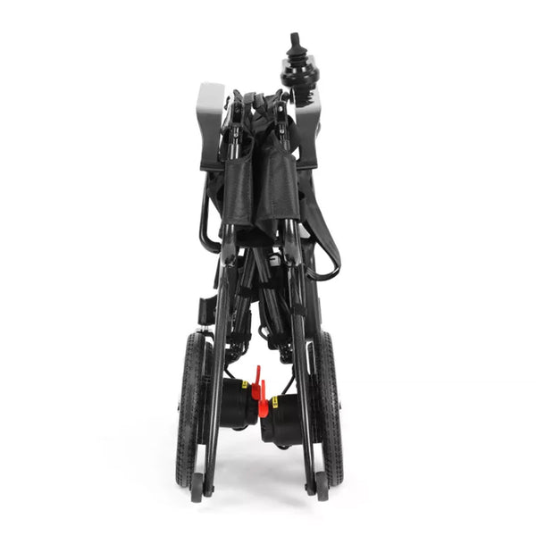 Dash Rehab Dash Carbon Pro Plus Powerchair folded with compact wheels and armrests front view.