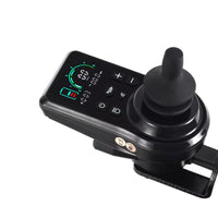 Dash Rehab Dash Carbon Pro Plus Powerchair joystick controller with display and several buttons, close-up.