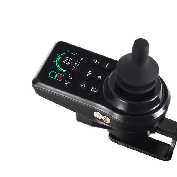 Dash Rehab Dash Carbon Pro Plus Powerchair joystick controller with display and several buttons, close-up.