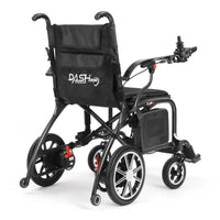 Dash Carbon Pro Plus Powerchair by Dash Rehab, foldable with rear wheels, controls and branding on backrest, rear view.